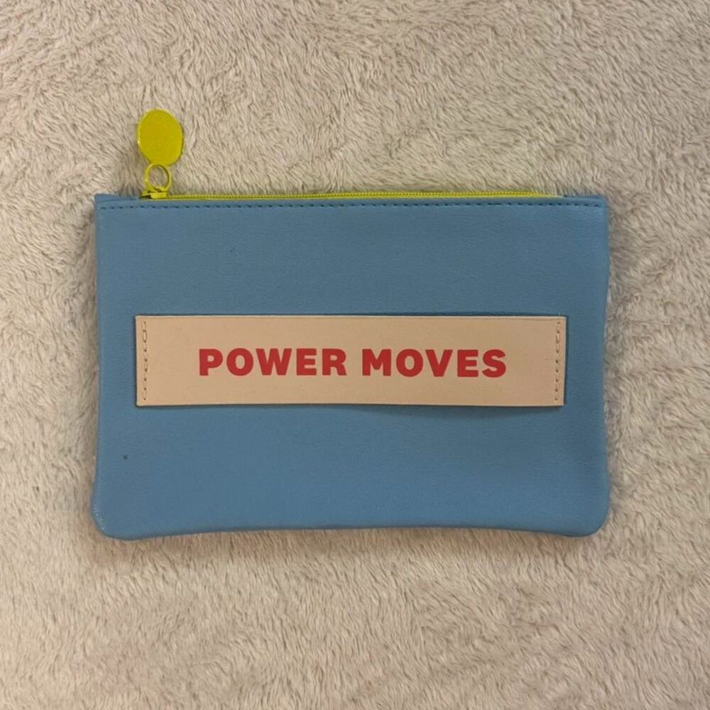 blue “power moves” mini makeup cosmetics bag